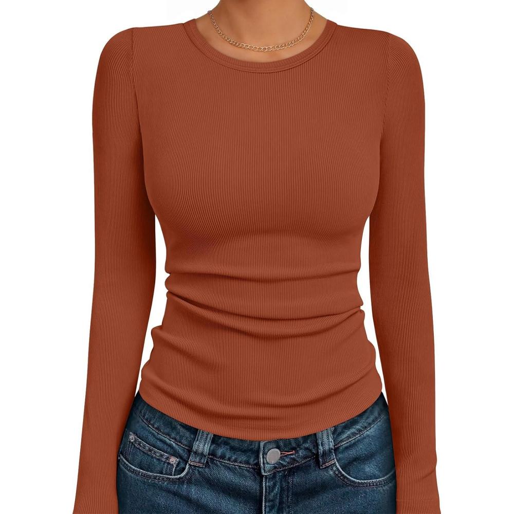 imageAUTOMET Long Sleeve Shirts Blouses Fall Fashion Ribbed Basic Tops Winter ClothesMaple