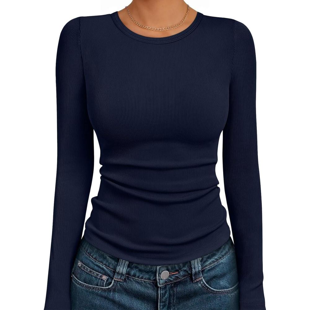 imageAUTOMET Long Sleeve Shirts Blouses Fall Fashion Ribbed Basic Tops Winter ClothesNavy Blue