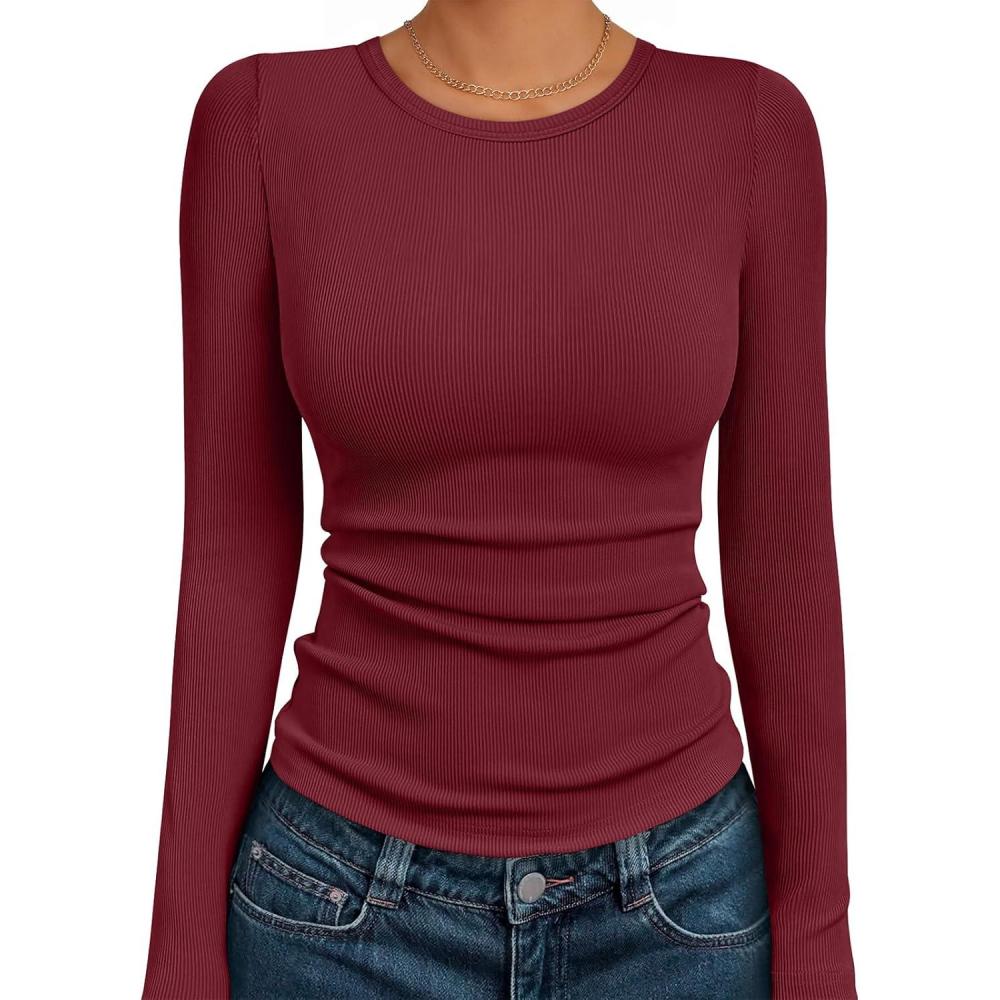 imageAUTOMET Long Sleeve Shirts Blouses Fall Fashion Ribbed Basic Tops Winter ClothesWine Red