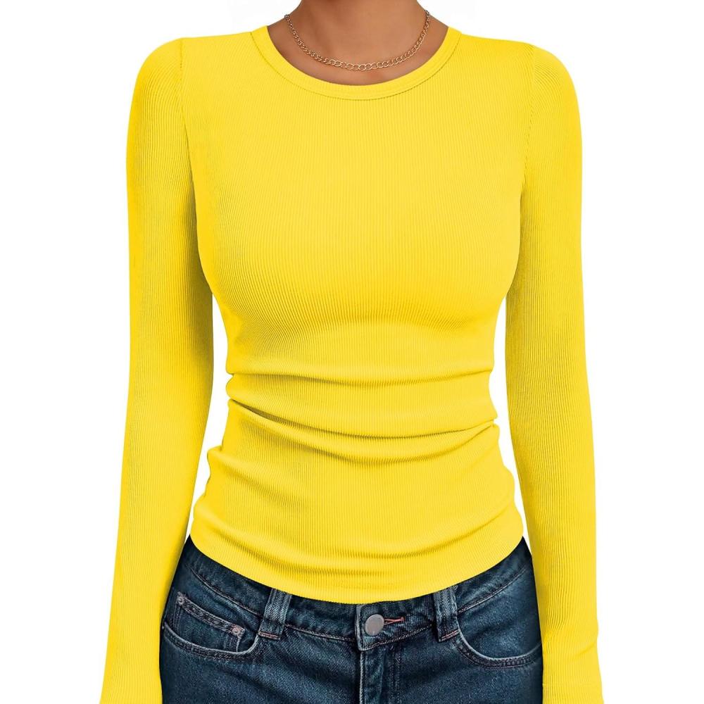 imageAUTOMET Long Sleeve Shirts Blouses Fall Fashion Ribbed Basic Tops Winter ClothesYellow