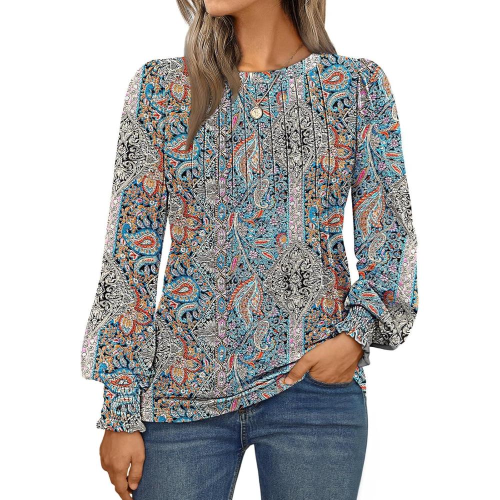 imageAUTOMET Long Sleeve Shirts Womens Pleated Business Casual Blouses with Smocked CuffsBoho Blue