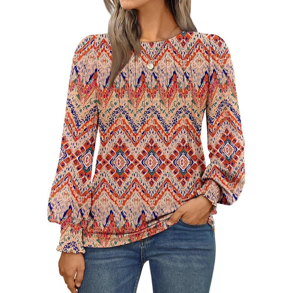 imageAUTOMET Long Sleeve Shirts Womens Pleated Business Casual Blouses with Smocked CuffsBoho Orange