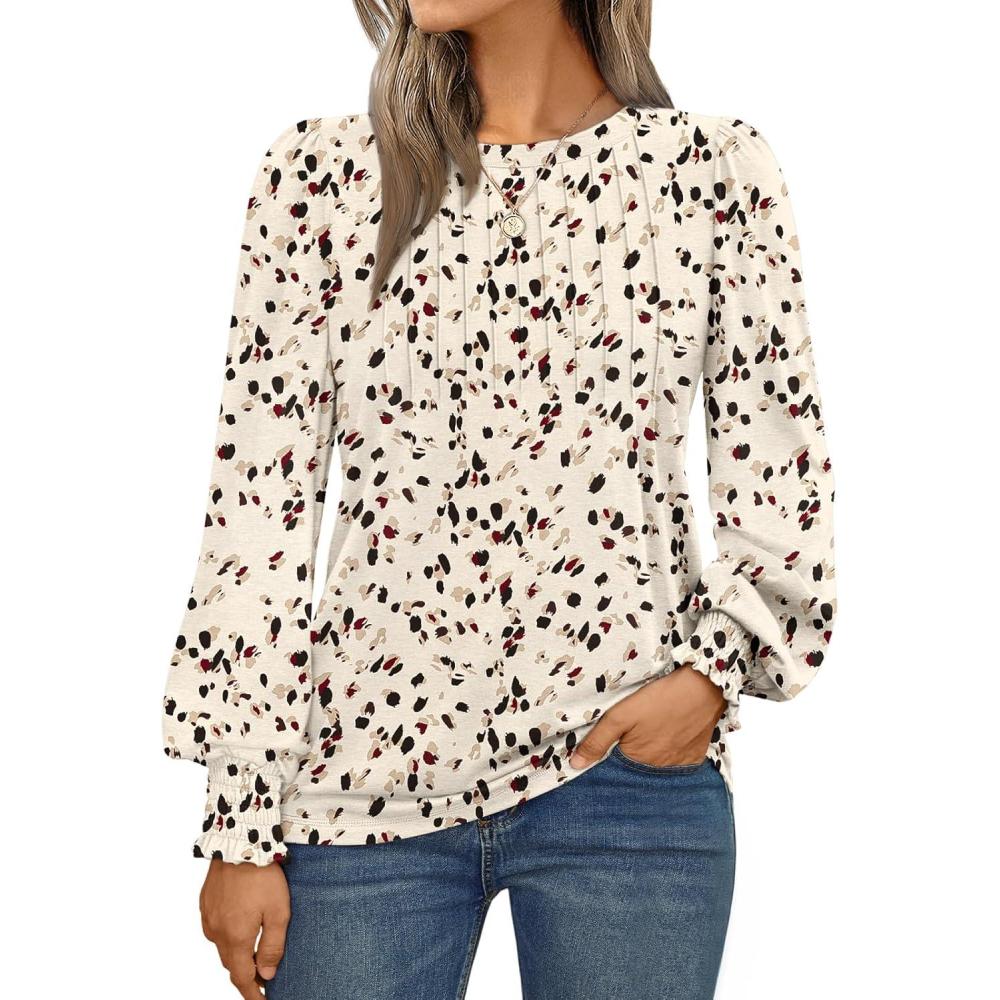 imageAUTOMET Long Sleeve Shirts Womens Pleated Business Casual Blouses with Smocked CuffsLeopard Cream