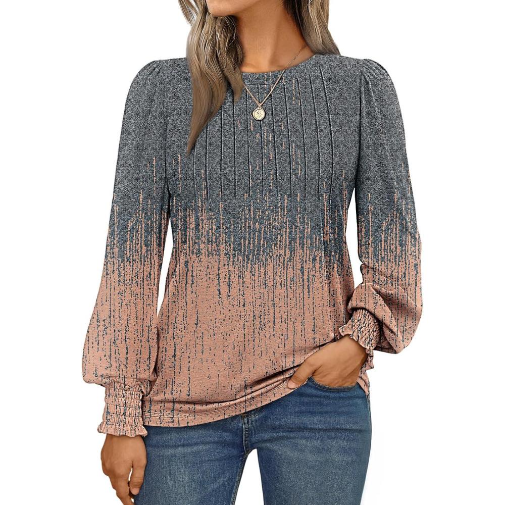 imageAUTOMET Long Sleeve Shirts Womens Pleated Business Casual Blouses with Smocked CuffsOmbre Grey Coral