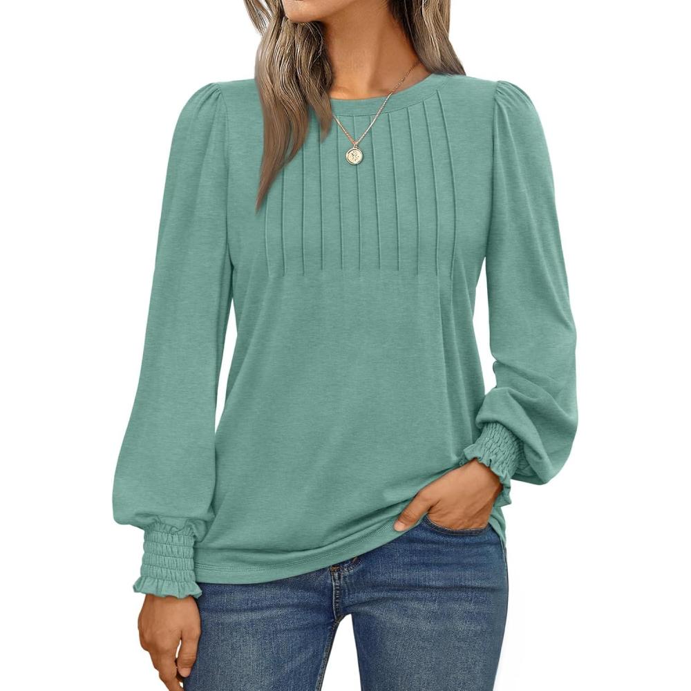imageAUTOMET Long Sleeve Shirts Womens Pleated Business Casual Blouses with Smocked CuffsSage Green