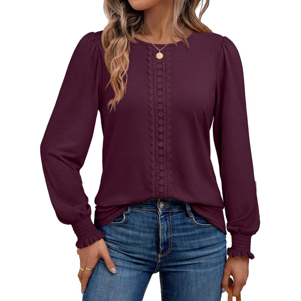 imageAUTOMET Long Sleeve Shirts for Women Business Dressy Casual Tops Work Blouses Pleated TunicsWine