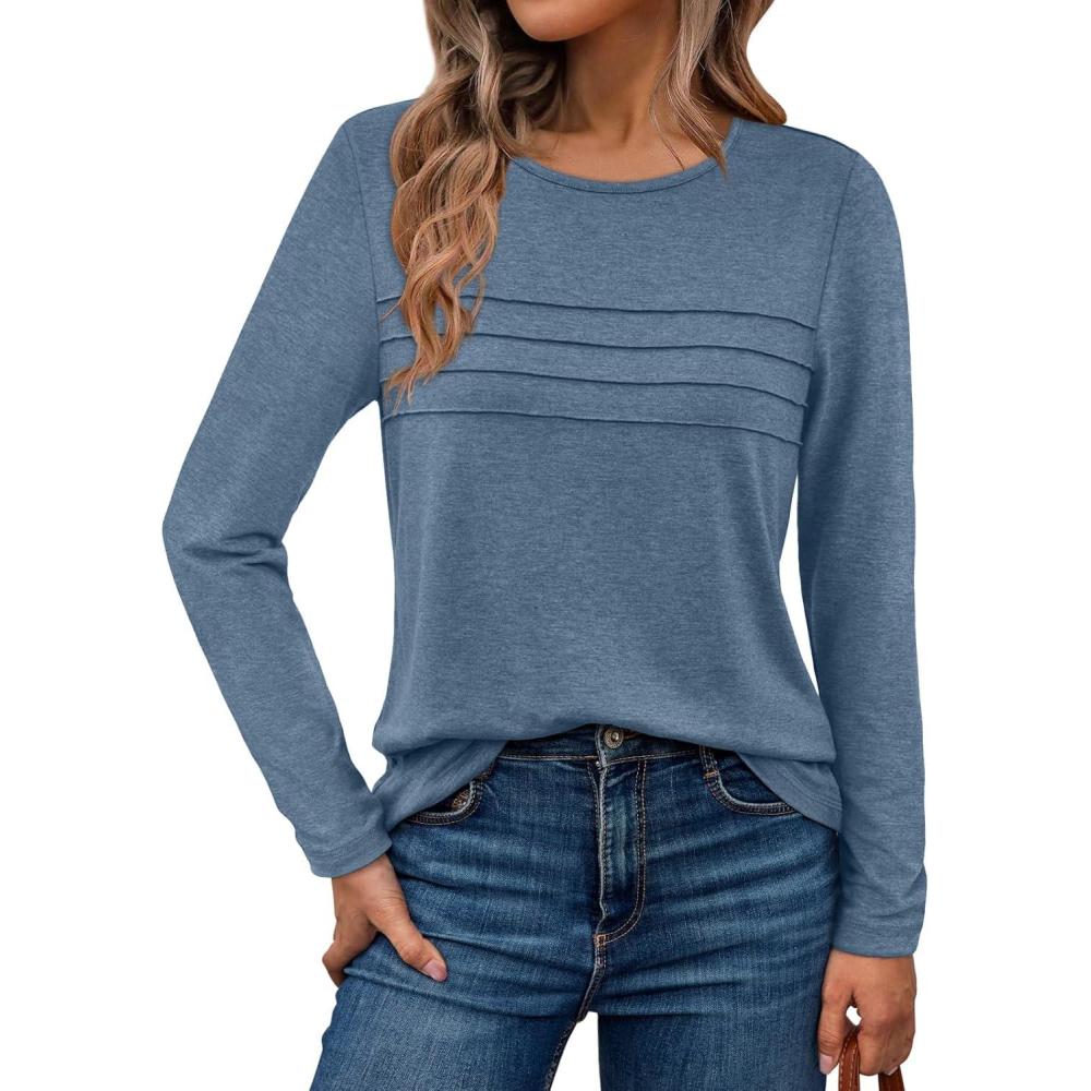 imageAUTOMET Long Sleeve Shirts for Women Pleated Dressy Casual Business Blouses Trendy Fashion Tunic Basic TopsGrey Blue
