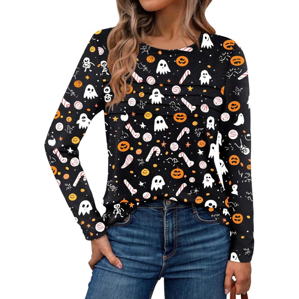 imageAUTOMET Long Sleeve Shirts for Women Pleated Dressy Casual Business Blouses Trendy Fashion Tunic Basic TopsHalloween Print