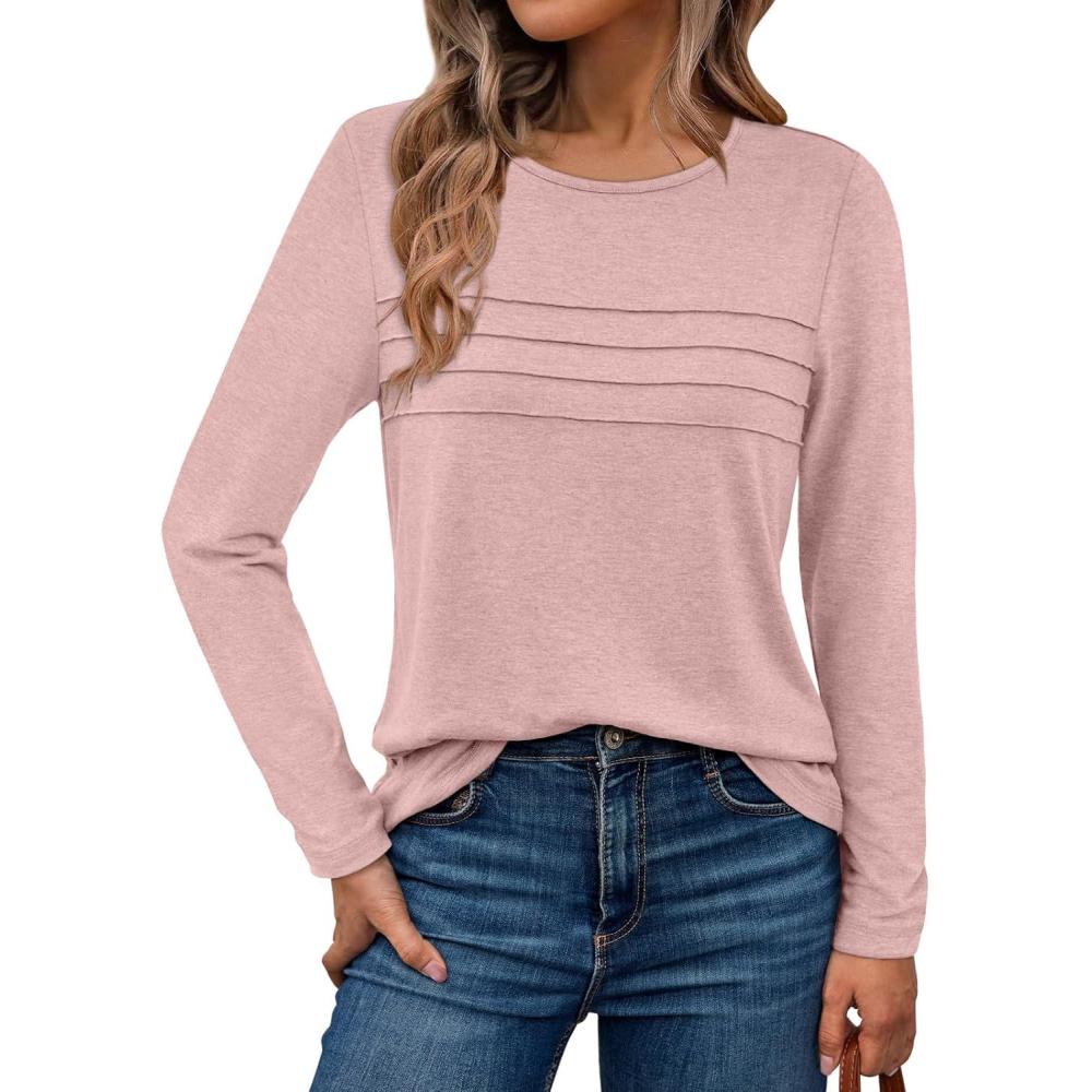 imageAUTOMET Long Sleeve Shirts for Women Pleated Dressy Casual Business Blouses Trendy Fashion Tunic Basic TopsPink