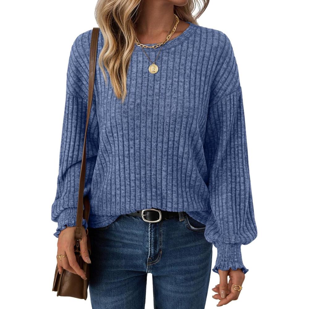 imageAUTOMET Long Sleeve Shirts for Women Tops Fall Fashion Outfits 2025 Crewneck Sweaters Trendy Blouse Dressy CasualBlue