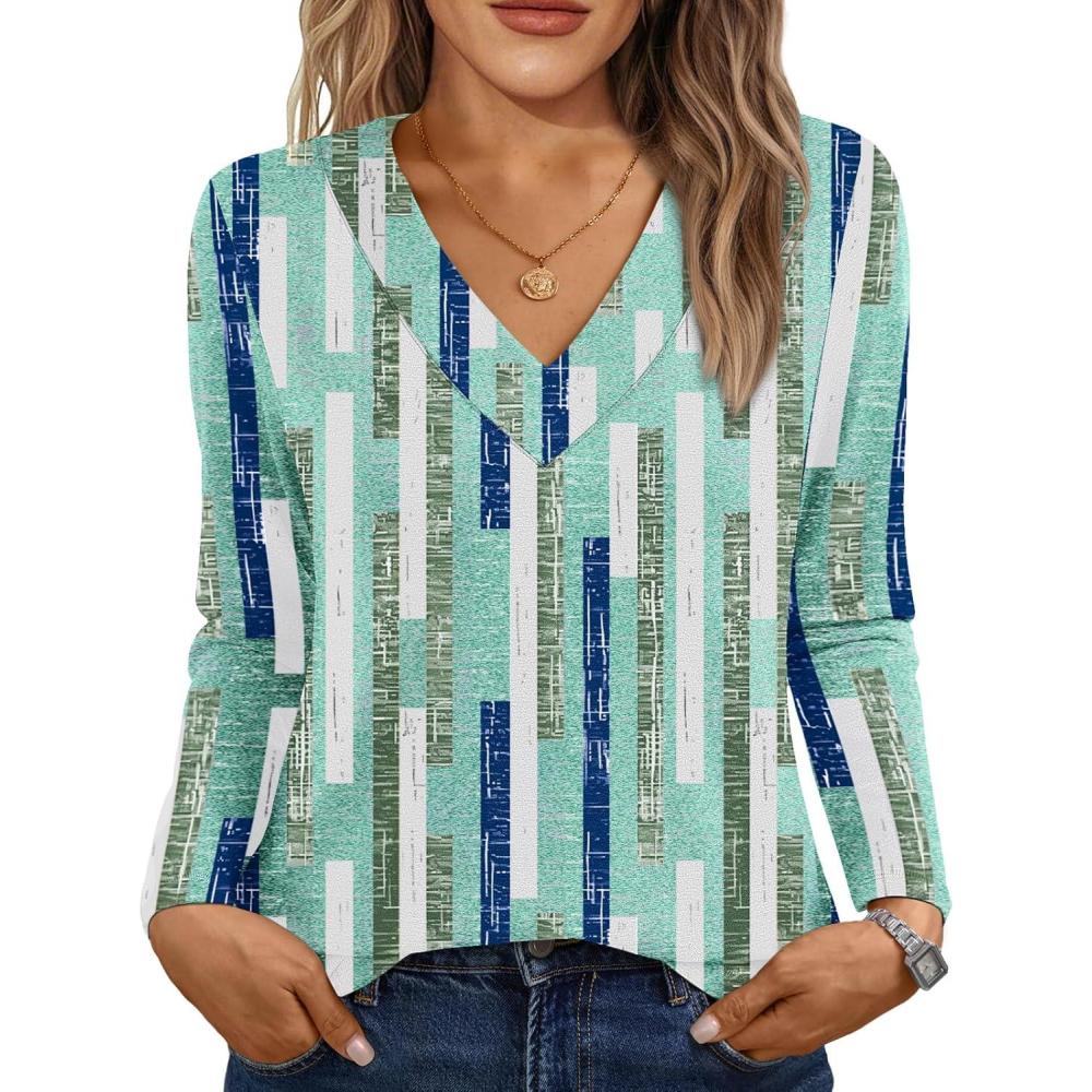 imageAUTOMET Long Sleeve Shirts for Women Tops V Neck Casual Top Comfortable Shirt Soft Basic Tees Women BlousesBluestriped