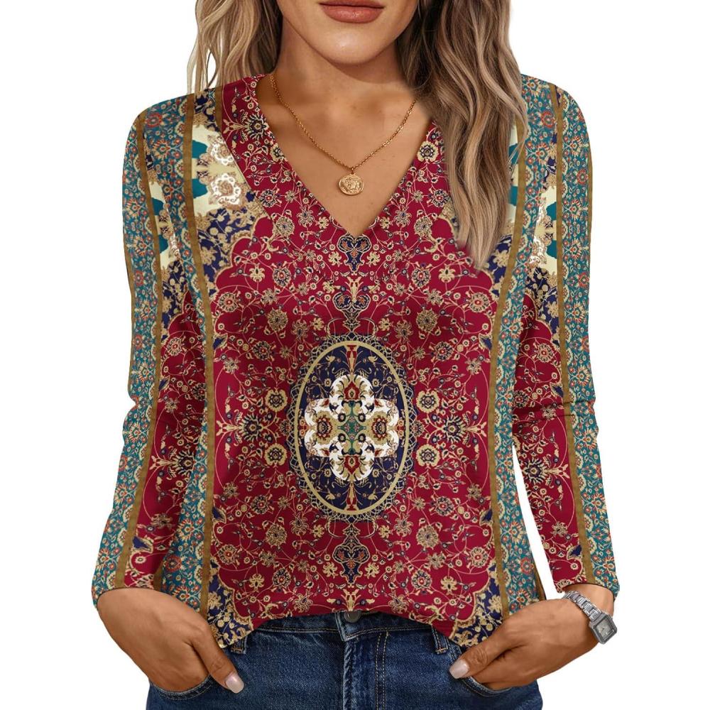 imageAUTOMET Long Sleeve Shirts for Women Tops V Neck Casual Top Comfortable Shirt Soft Basic Tees Women BlousesBohoprint4