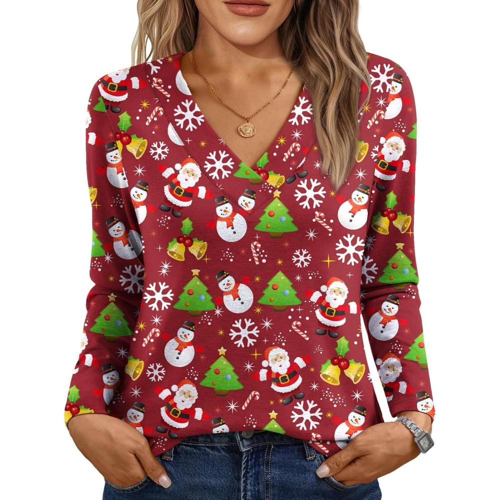 imageAUTOMET Long Sleeve Shirts for Women Tops V Neck Casual Top Comfortable Shirt Soft Basic Tees Women BlousesChristmasred