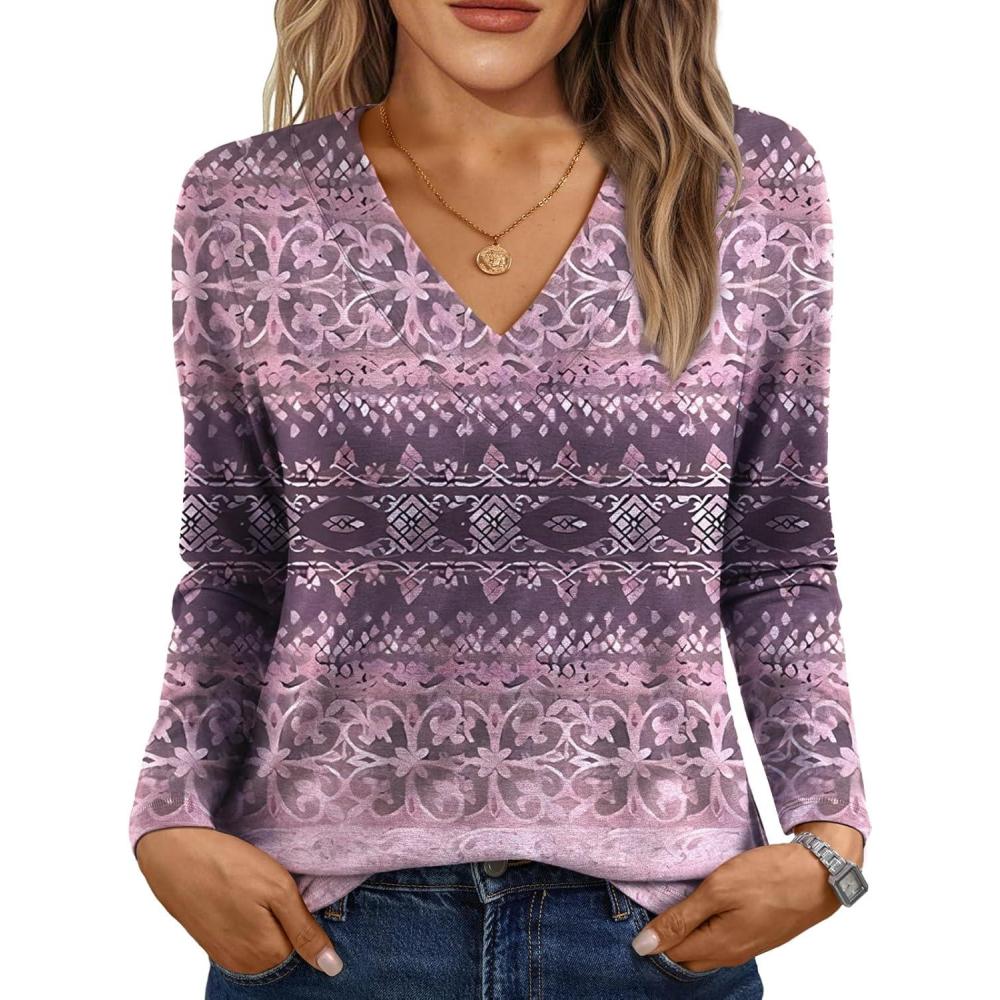 imageAUTOMET Long Sleeve Shirts for Women Tops V Neck Casual Top Comfortable Shirt Soft Basic Tees Women BlousesPurpleprint