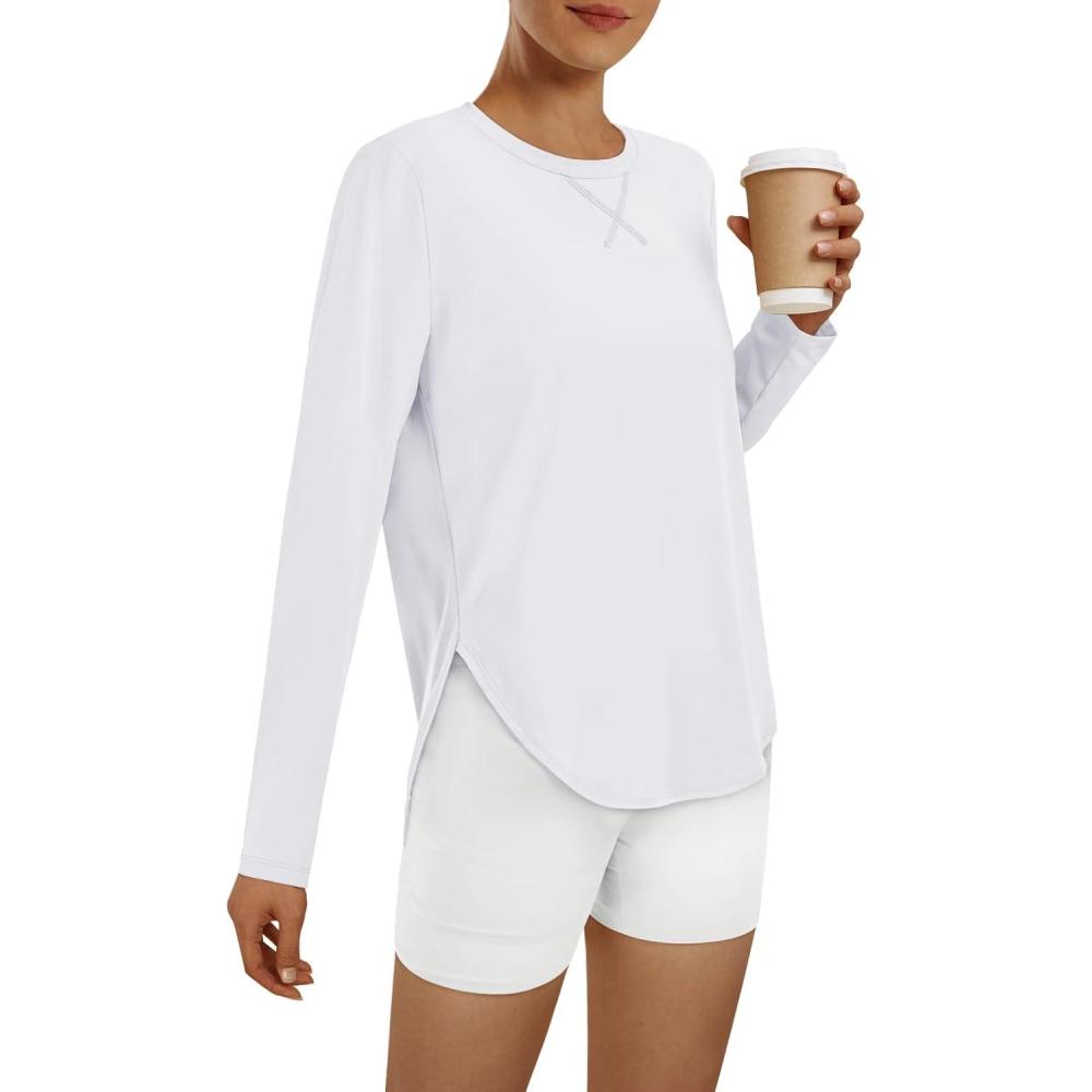 imageAUTOMET Long Sleeve Workout Tops for Women Athletic UPF 50 Sun Rash Guard Shirts Running SPF Gym Quick Dry ClothesWhite