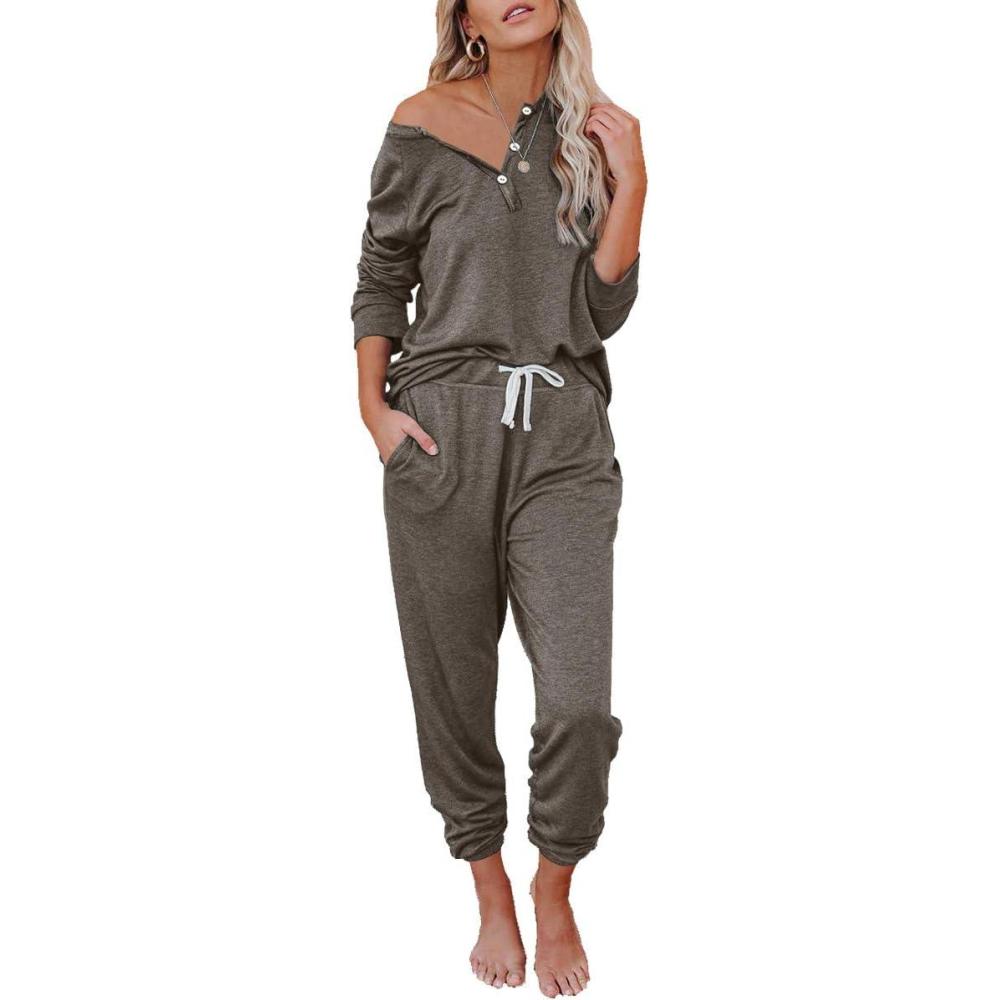 imageAUTOMET Lounge Sets for Women Comfy 2 Piece Pajamas Sets Fall Loungewear Pjs Outfits Sweatsuits with Sweatpants 2025Coffee