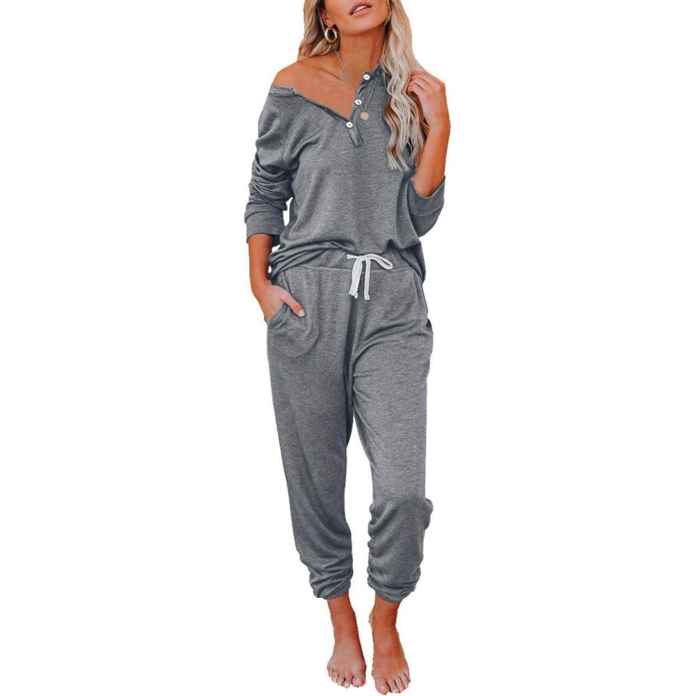 imageAUTOMET Lounge Sets for Women Comfy 2 Piece Pajamas Sets Fall Loungewear Pjs Outfits Sweatsuits with Sweatpants 2025Dark Grey
