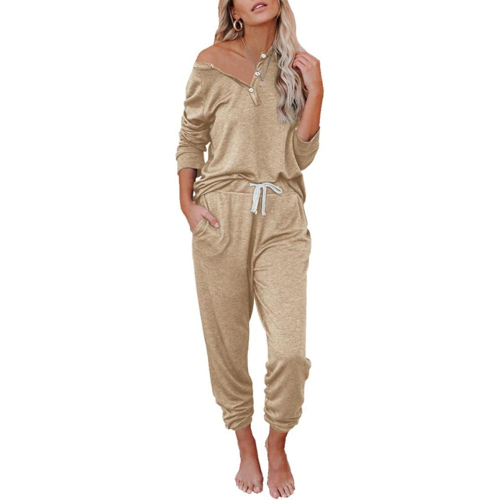 imageAUTOMET Lounge Sets for Women Comfy 2 Piece Pajamas Sets Fall Loungewear Pjs Outfits Sweatsuits with Sweatpants 2025Light Khaki