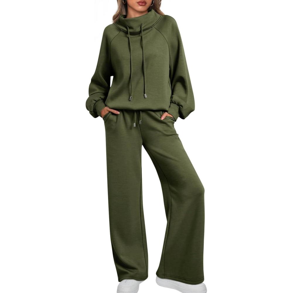imageAUTOMET Lounge Sets for Women Sweatsuits 2 Piece Outfits 2025 Fall Drawstring Sweatshirt Wide Leg Sweatpants TracksuitArmygreen