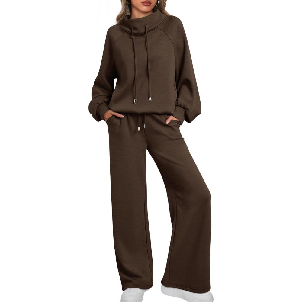 imageAUTOMET Lounge Sets for Women Sweatsuits 2 Piece Outfits 2025 Fall Drawstring Sweatshirt Wide Leg Sweatpants TracksuitCoffee