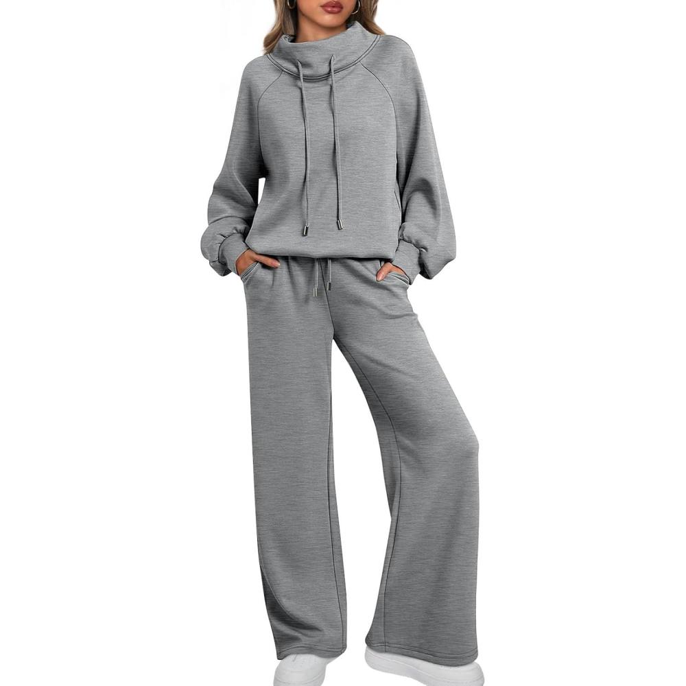imageAUTOMET Lounge Sets for Women Sweatsuits 2 Piece Outfits 2025 Fall Drawstring Sweatshirt Wide Leg Sweatpants TracksuitDarkgrey