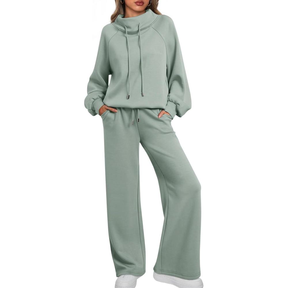 imageAUTOMET Lounge Sets for Women Sweatsuits 2 Piece Outfits 2025 Fall Drawstring Sweatshirt Wide Leg Sweatpants TracksuitSagegreen