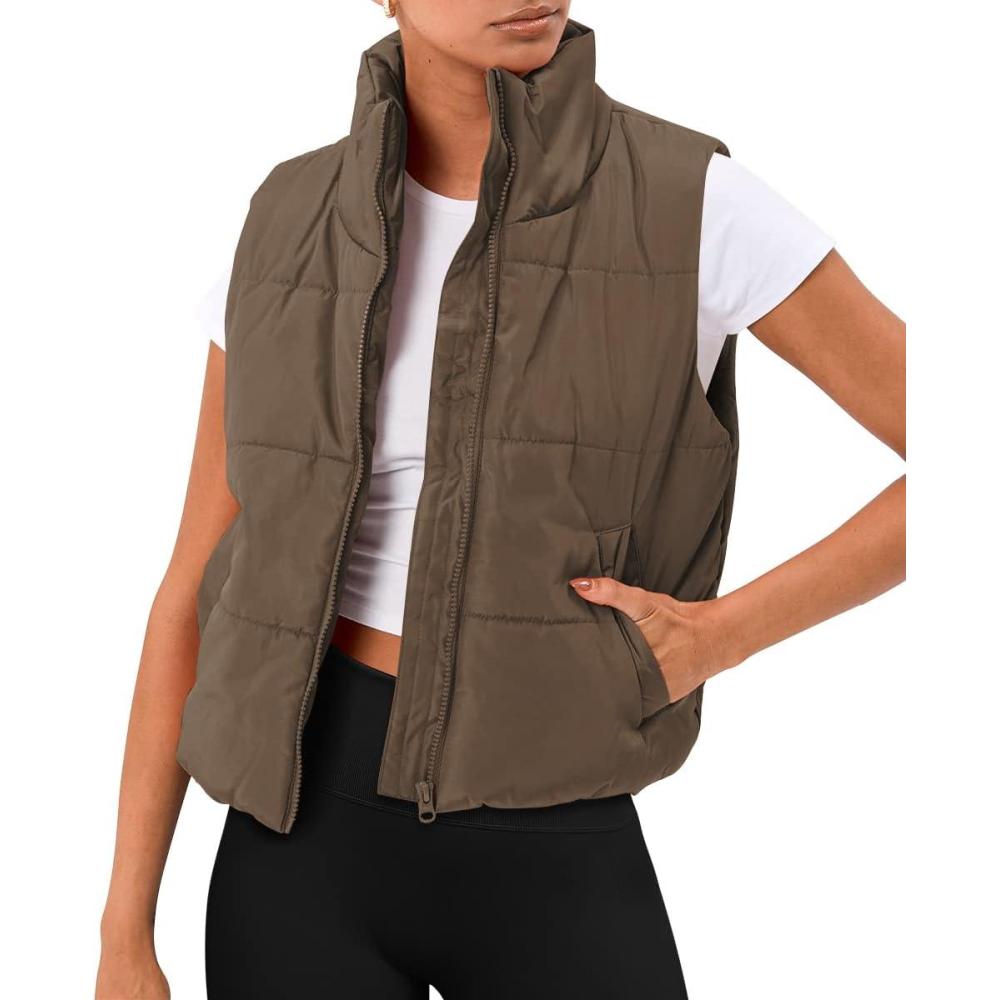 imageAUTOMET Puffer Vest Women Sleeveless Winter Clothing Cropped Outerwear Warm Puffy Fall Outfits Spring Fashion Vest Tops 2025Brown