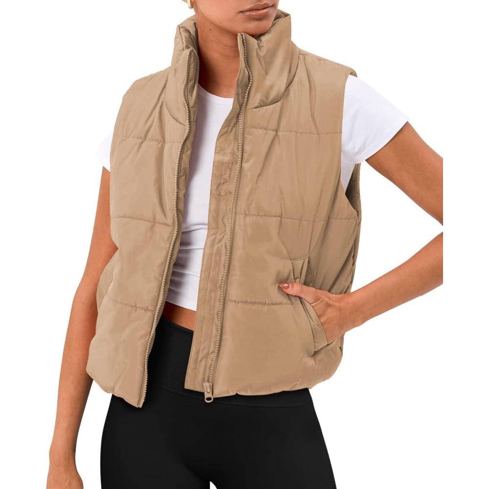 imageAUTOMET Puffer Vest Women Sleeveless Winter Clothing Cropped Outerwear Warm Puffy Fall Outfits Spring Fashion Vest Tops 2025Khaki