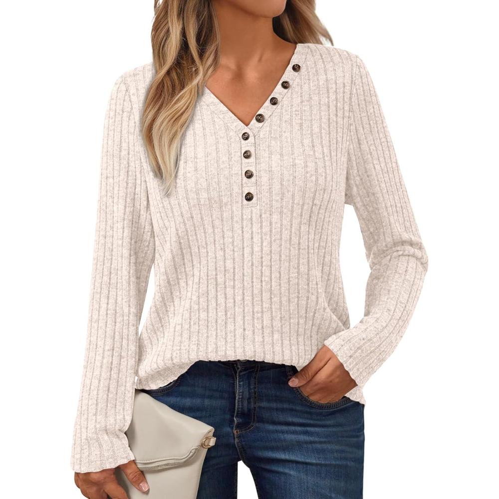 imageAUTOMET Sweater for Women Long Sleeve Henley Shirts Dressy Casual Tunic Tops Deep V Neck Sweaters Fall Outfits 2025Apricot