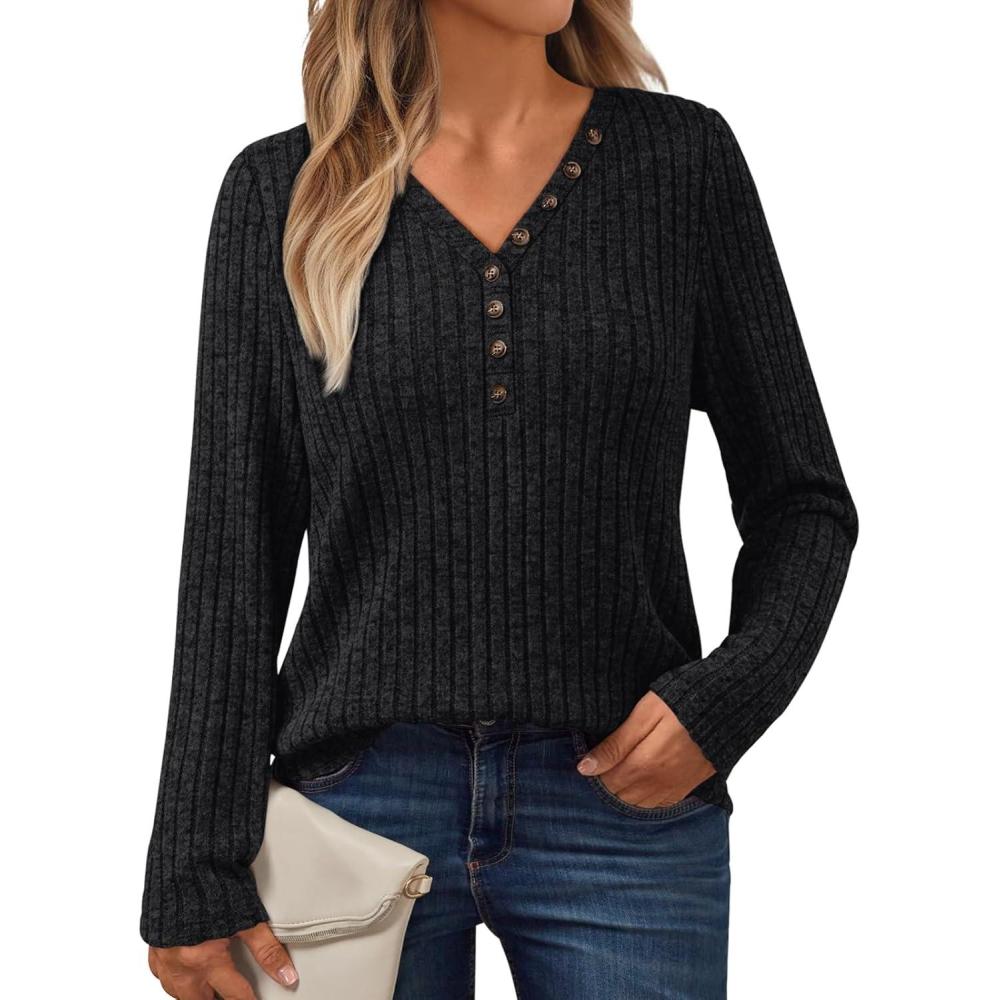 imageAUTOMET Sweater for Women Long Sleeve Henley Shirts Dressy Casual Tunic Tops Deep V Neck Sweaters Fall Outfits 2025Black