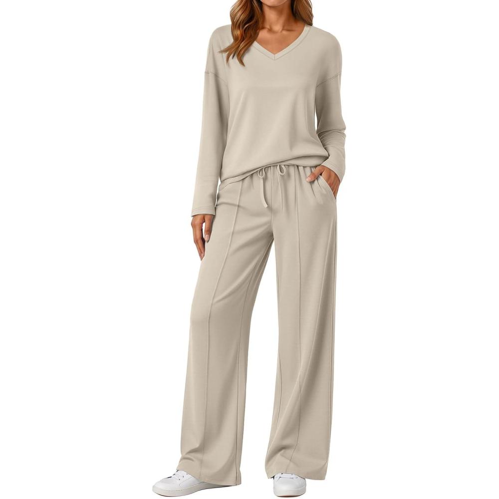 imageAUTOMET Sweatsuits Women 2 Piece Outfit Fashion Travel Lounge Sets With Wide Leg Pants Airport Track Suits Fall Clothes 2025Khaki
