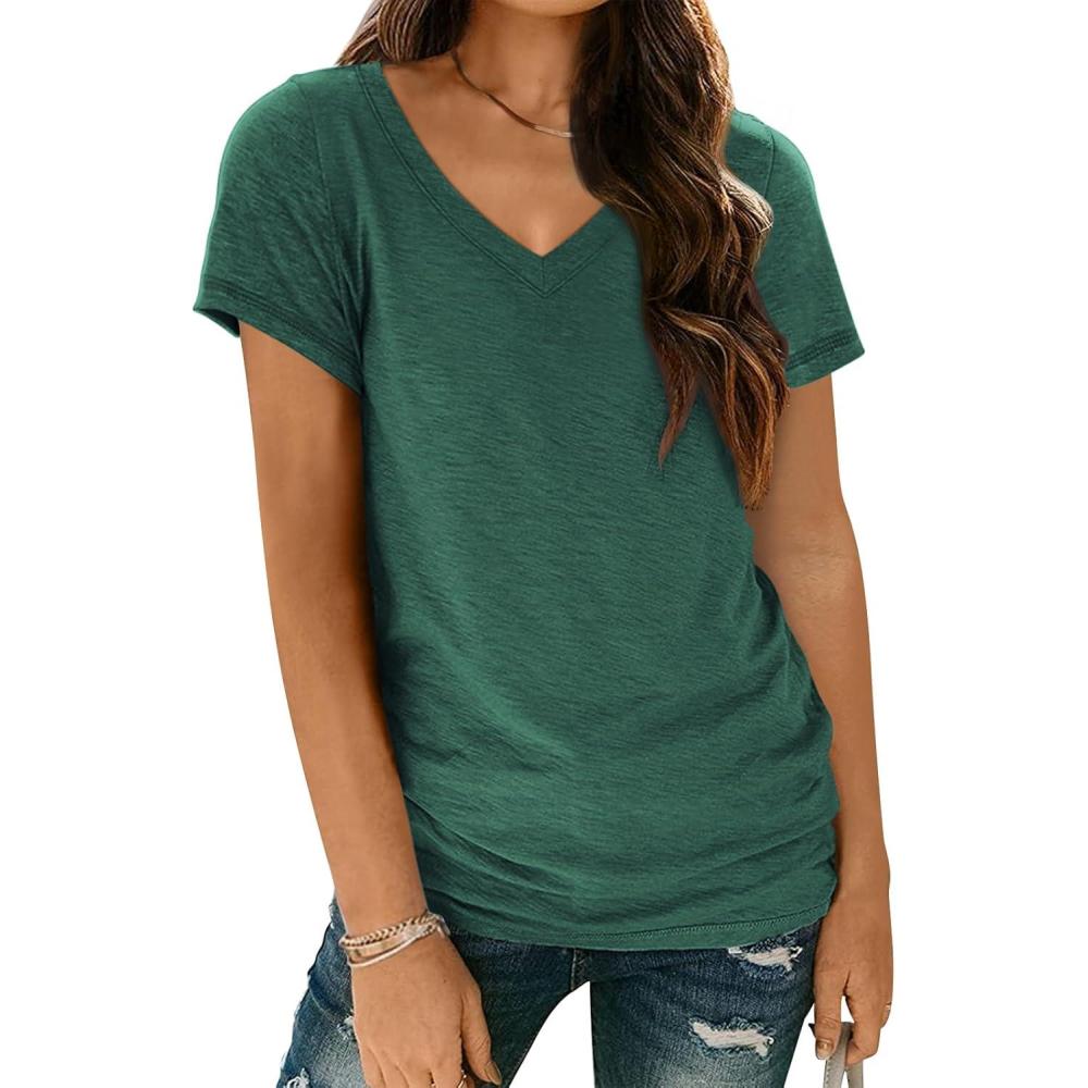 imageAUTOMET TShirts Short Sleeve V Neck Tees Tops for Women Fashion Trendy Lightweight Soft Casual Summer Outfits Clothes 2025Darkgreen