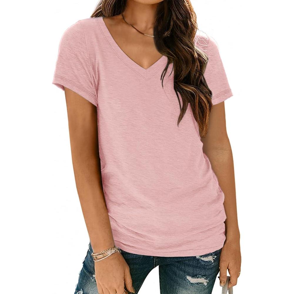 imageAUTOMET TShirts Short Sleeve V Neck Tees Tops for Women Fashion Trendy Lightweight Soft Casual Summer Outfits Clothes 2025Lightpink