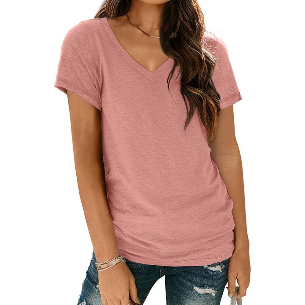 imageAUTOMET TShirts Short Sleeve V Neck Tees Tops for Women Fashion Trendy Lightweight Soft Casual Summer Outfits Clothes 2025Pink