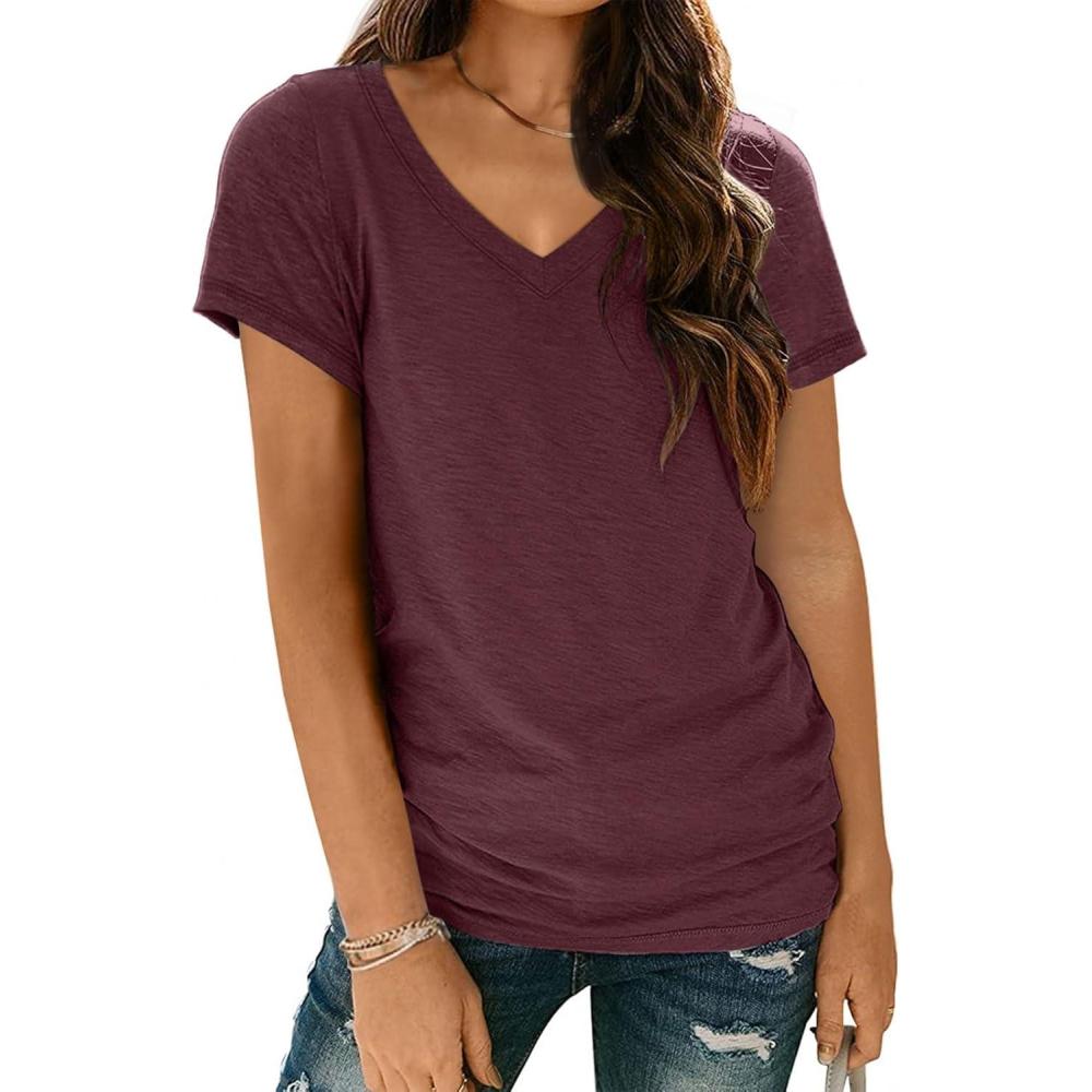 imageAUTOMET TShirts Short Sleeve V Neck Tees Tops for Women Fashion Trendy Lightweight Soft Casual Summer Outfits Clothes 2025Wine Red