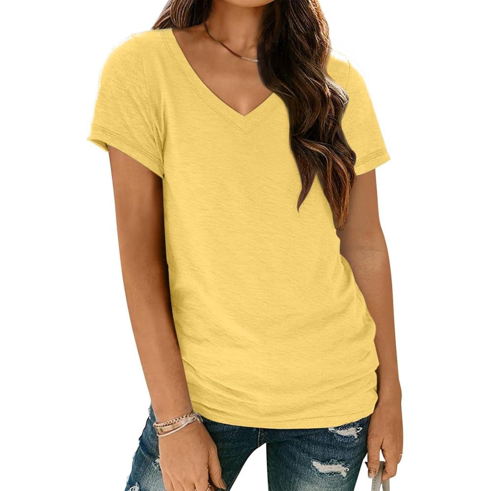 imageAUTOMET TShirts Short Sleeve V Neck Tees Tops for Women Fashion Trendy Lightweight Soft Casual Summer Outfits Clothes 2025Yellow