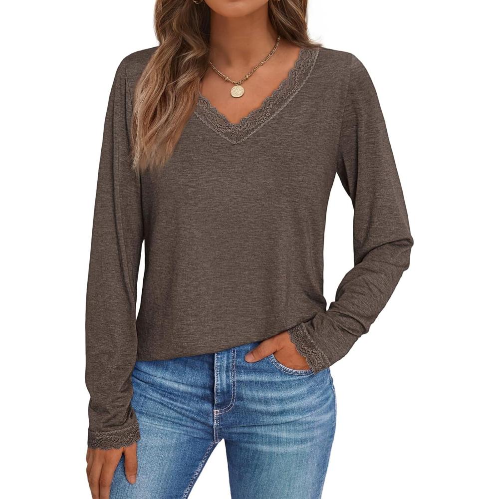 imageAUTOMET V Neck T Shirts for Women Lace Long Sleeve Cute Tops Fall Winter Dressy Business Casual Blouses Trendy Basic TeesCoffeegrey