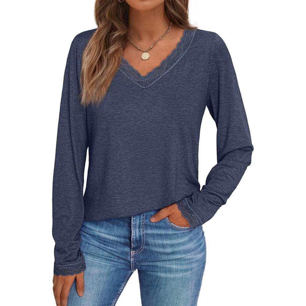 imageAUTOMET V Neck T Shirts for Women Lace Long Sleeve Cute Tops Fall Winter Dressy Business Casual Blouses Trendy Basic TeesDarkblue