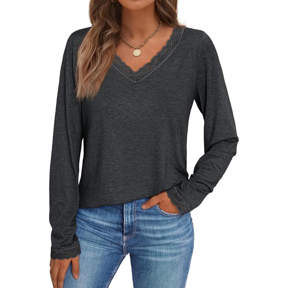 imageAUTOMET V Neck T Shirts for Women Lace Long Sleeve Cute Tops Fall Winter Dressy Business Casual Blouses Trendy Basic TeesGrey