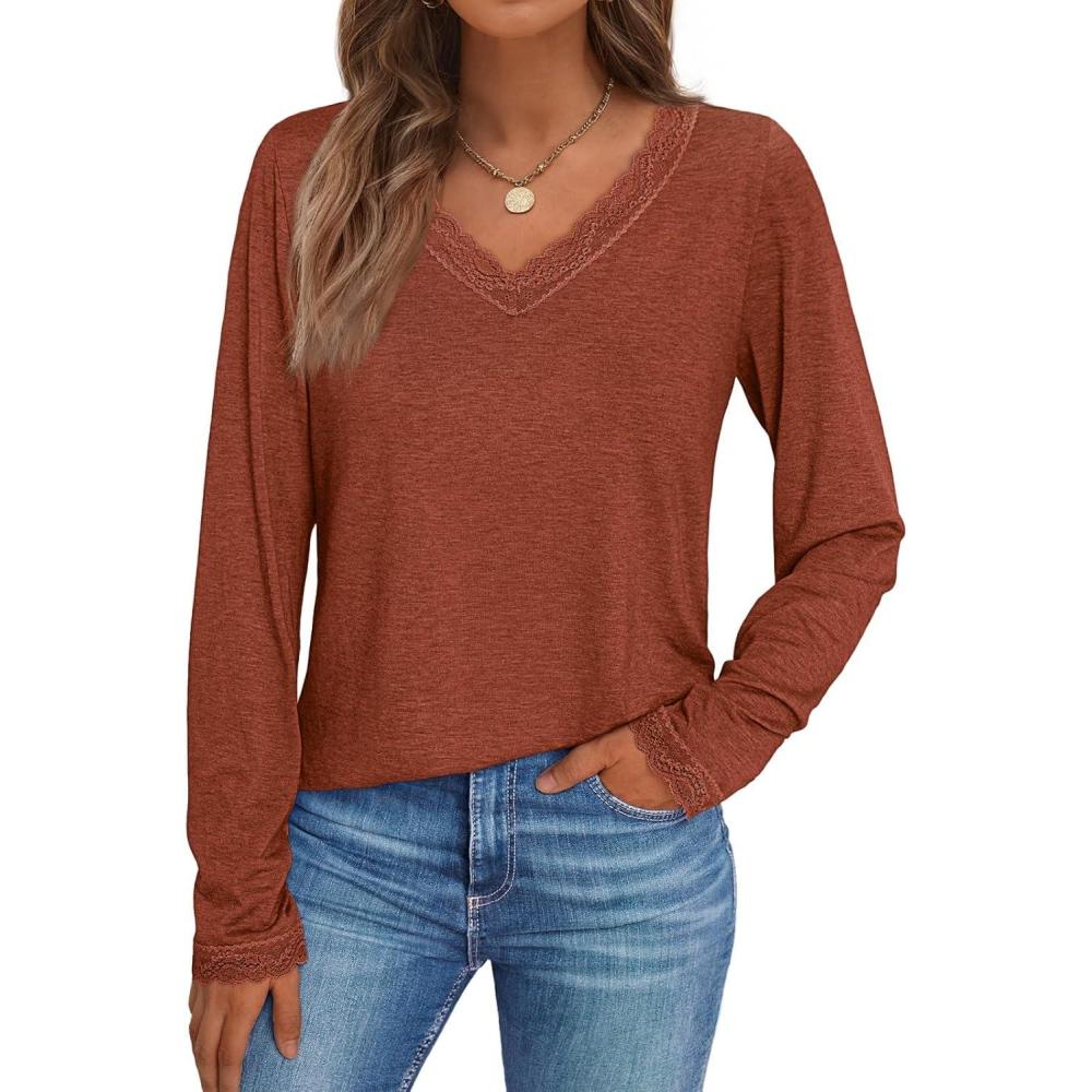 imageAUTOMET V Neck T Shirts for Women Lace Long Sleeve Cute Tops Fall Winter Dressy Business Casual Blouses Trendy Basic TeesMaple