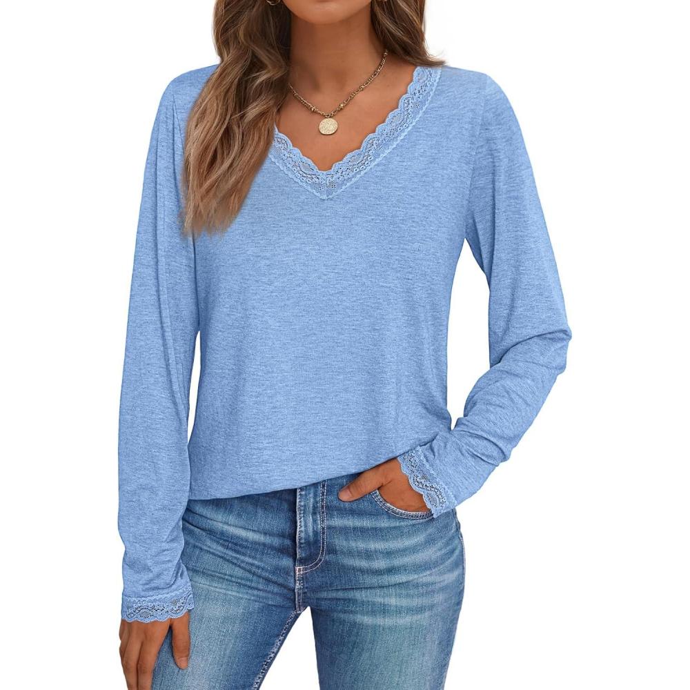 imageAUTOMET V Neck T Shirts for Women Lace Long Sleeve Cute Tops Fall Winter Dressy Business Casual Blouses Trendy Basic TeesSkyblue