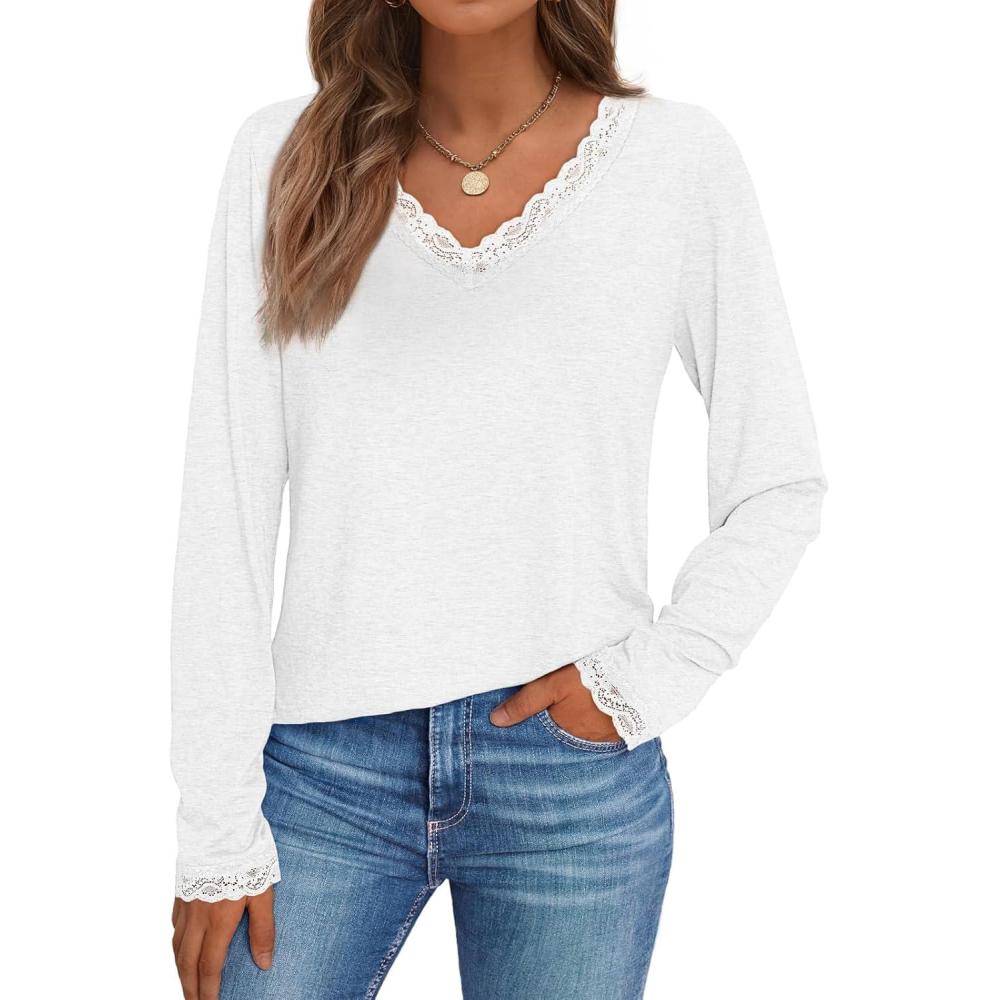 imageAUTOMET V Neck T Shirts for Women Lace Long Sleeve Cute Tops Fall Winter Dressy Business Casual Blouses Trendy Basic TeesWhite