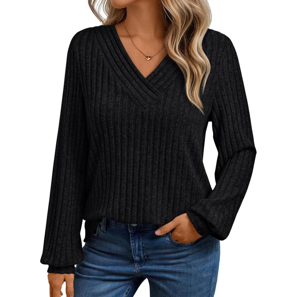 imageAUTOMET Women Long Sleeve Shirts Fall V Neck Work Tops 2025 Fashion Tunic Sweaters Dressy Casual Winter Blouse Trendy OutfitsBlack