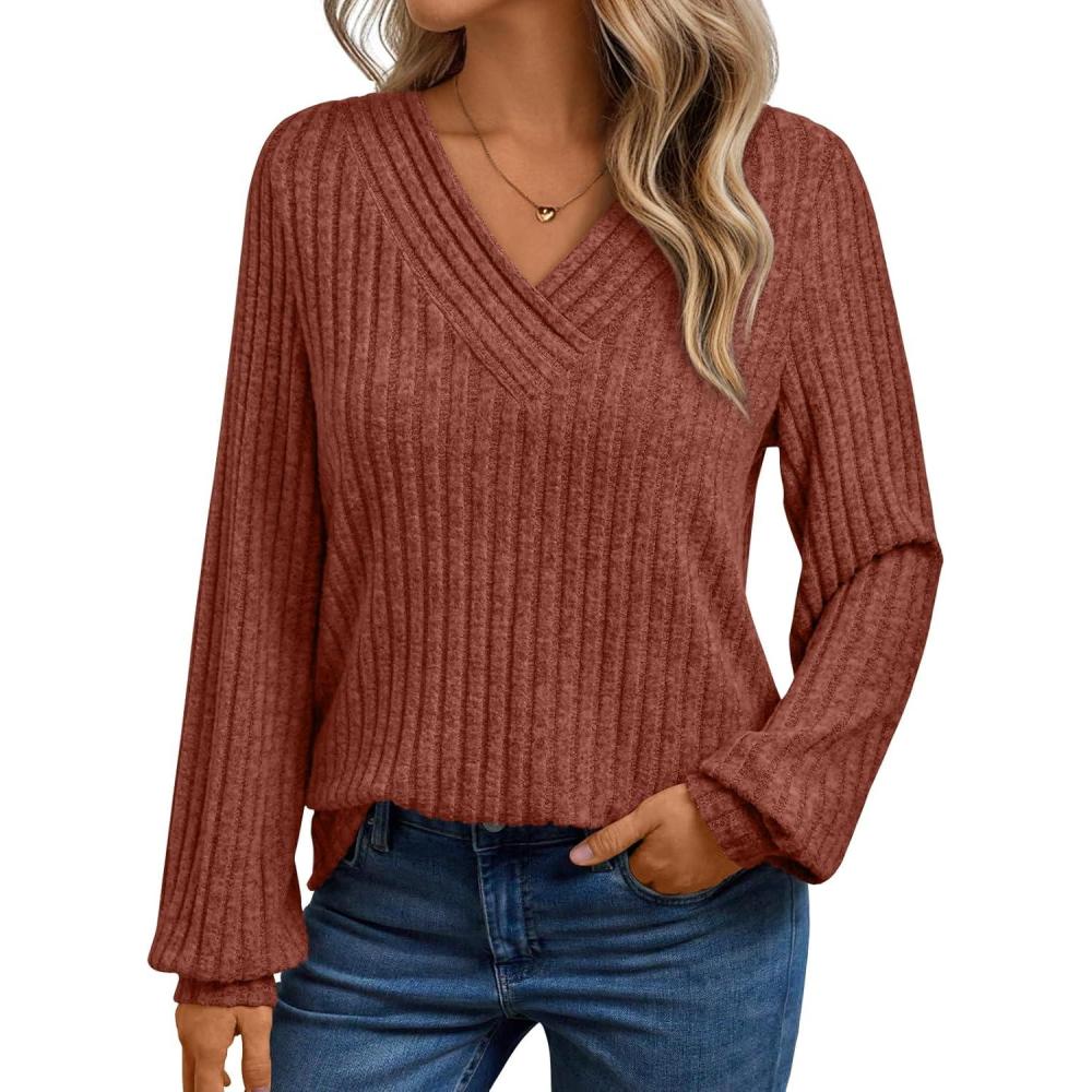 imageAUTOMET Women Long Sleeve Shirts Fall V Neck Work Tops 2025 Fashion Tunic Sweaters Dressy Casual Winter Blouse Trendy OutfitsCaramel
