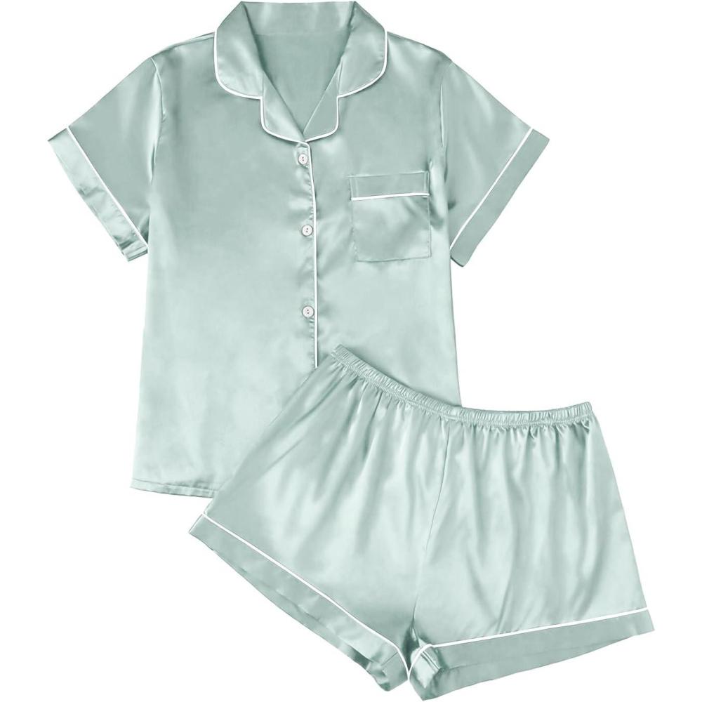 imageAUTOMET Women Silk Satin Fall Pajama Set Matching Lounge Pjs Button Up Soft 2 Piece Suit Ladies Tops and ShortsLightgreen