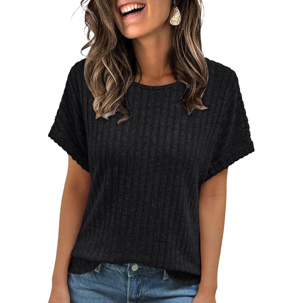 imageAUTOMET Women Textured Shirts Fall Sweaters Loose Fit Short Sleeve Tunic Tops 2025 Dressy Casual Business BlousesBlack
