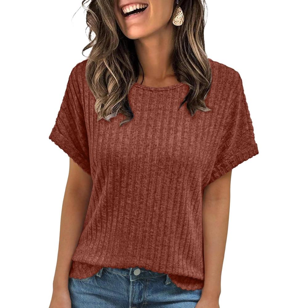 imageAUTOMET Women Textured Shirts Fall Sweaters Loose Fit Short Sleeve Tunic Tops 2025 Dressy Casual Business BlousesBrown