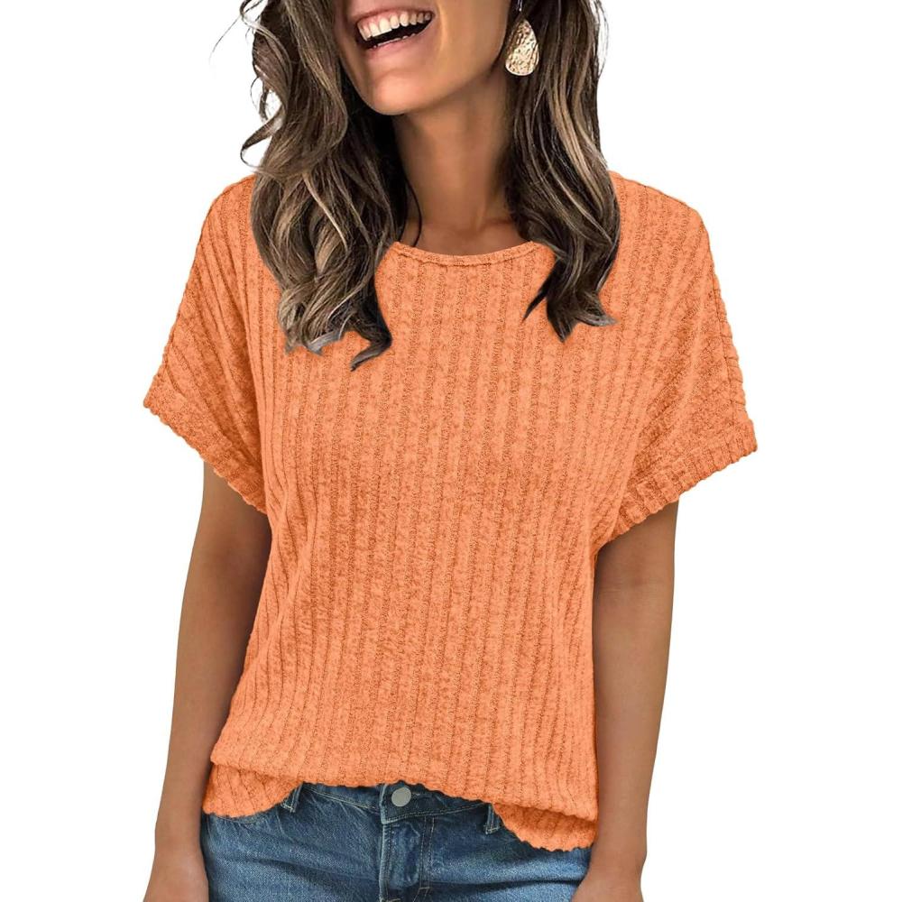 imageAUTOMET Women Textured Shirts Fall Sweaters Loose Fit Short Sleeve Tunic Tops 2025 Dressy Casual Business BlousesOrange