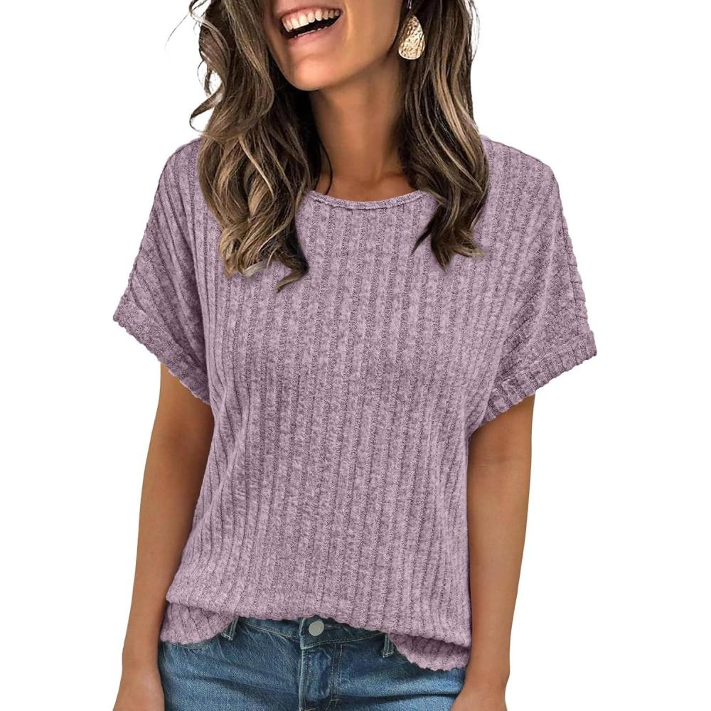 imageAUTOMET Women Textured Shirts Fall Sweaters Loose Fit Short Sleeve Tunic Tops 2025 Dressy Casual Business BlousesPinkpurple