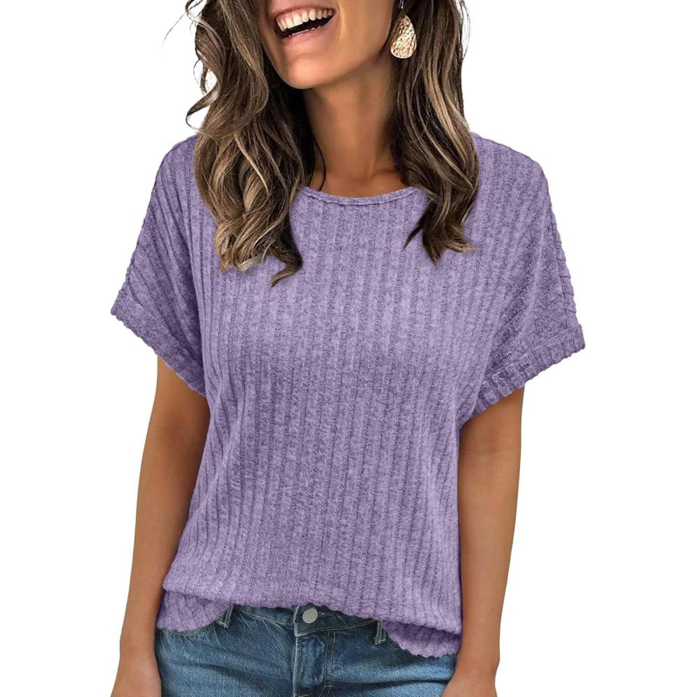 imageAUTOMET Women Textured Shirts Fall Sweaters Loose Fit Short Sleeve Tunic Tops 2025 Dressy Casual Business BlousesPurple